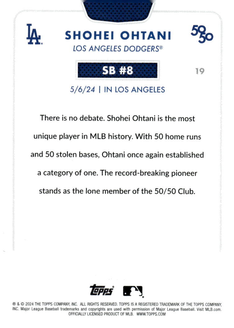50/50* LIMITED EDITION! Shohei Ohtani MLB LA Dodgers 2024 TOPPS NOW Season #SB 8