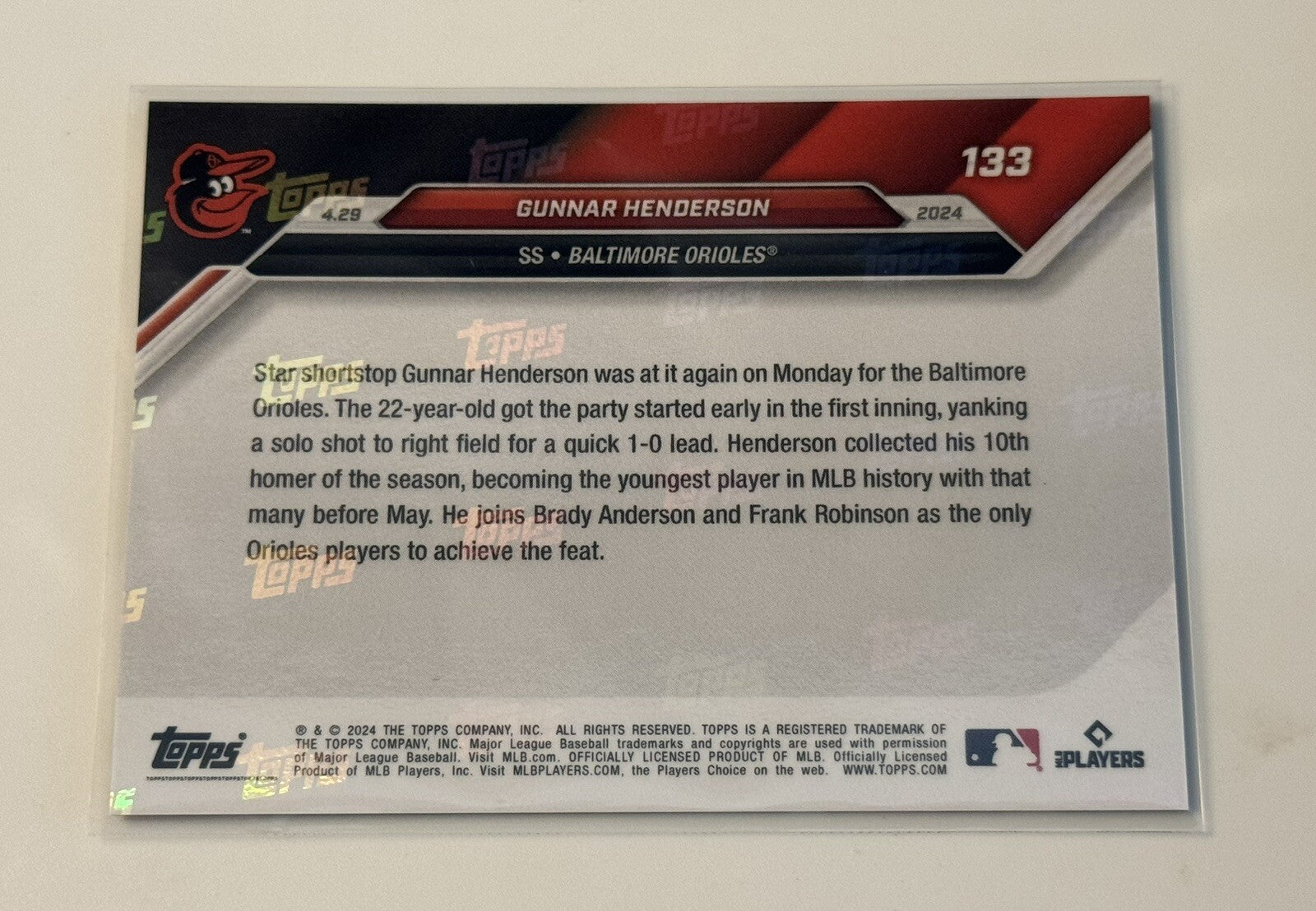 2024 Topps Now MLB Gunnar Henderson - Youngest to 10 Home Runs MLB Orioles #133*