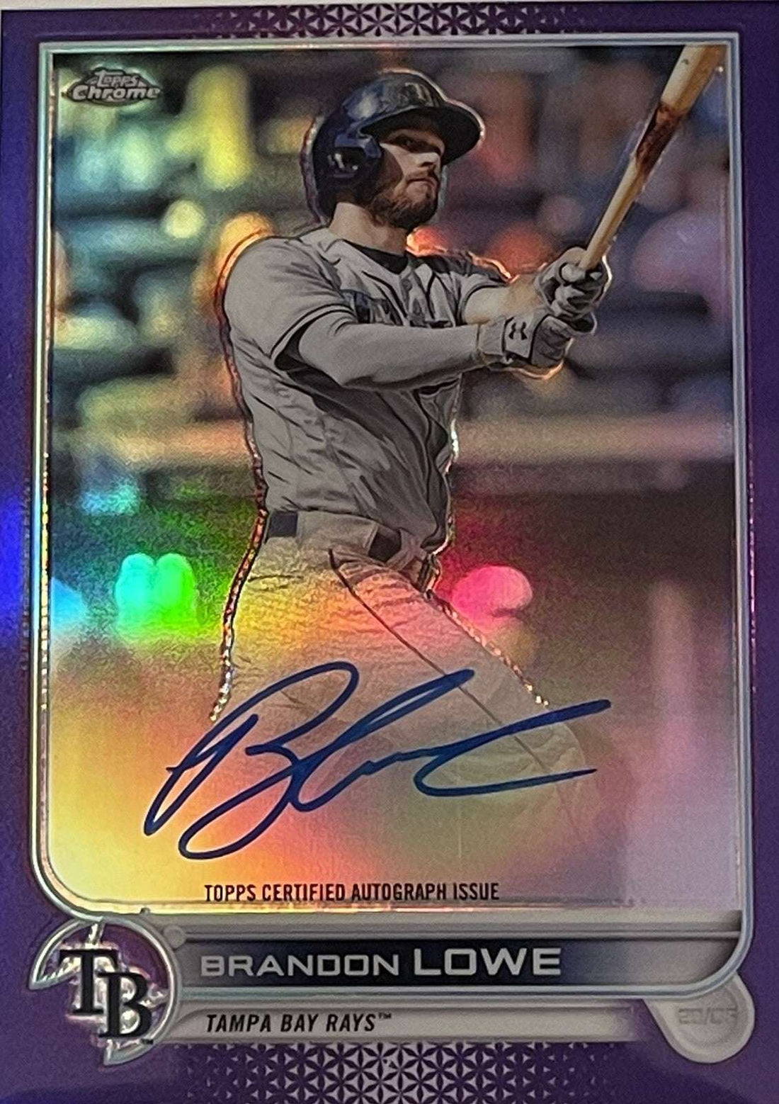 2022 Topps Chrome Brandon Lowe auto purple refractor baseball card 217/250 Tampa Bay Rays