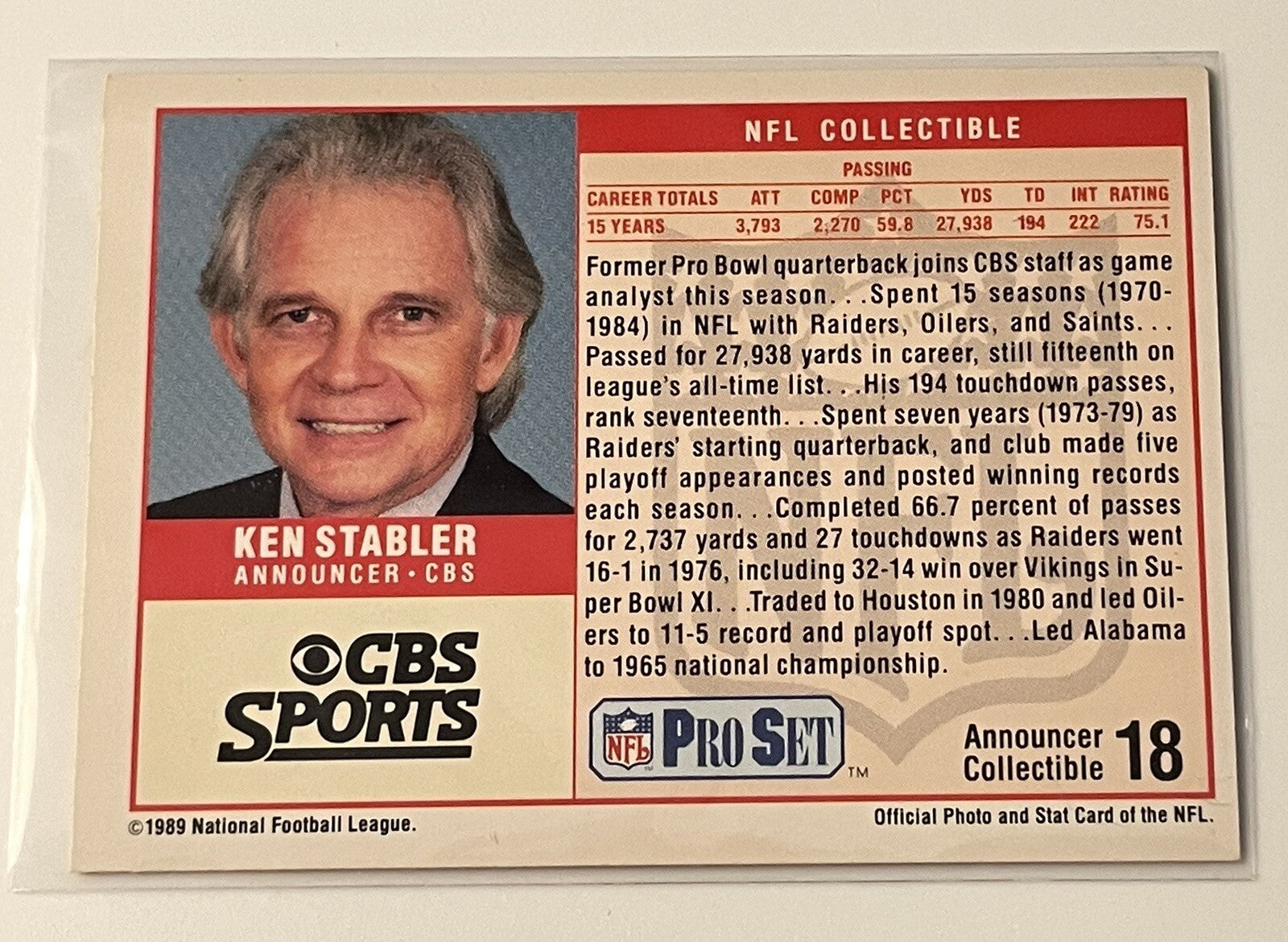 Ken Stabler 1989 Pro Set Announcers Collectible NFL Oakland Raiders Hall of Fame