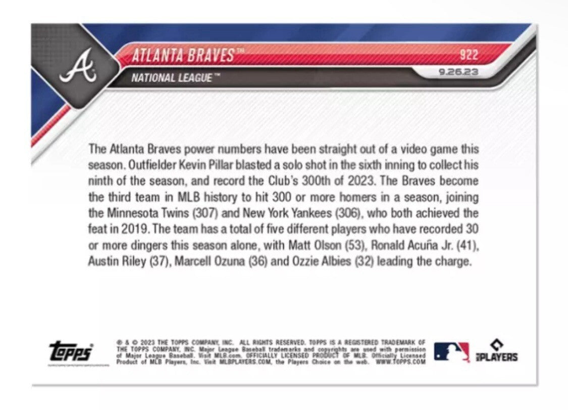 Atlanta Braves 300 HRs Season* Kevin Pillar Matt Olson - MLB 2023 Topps Now #922