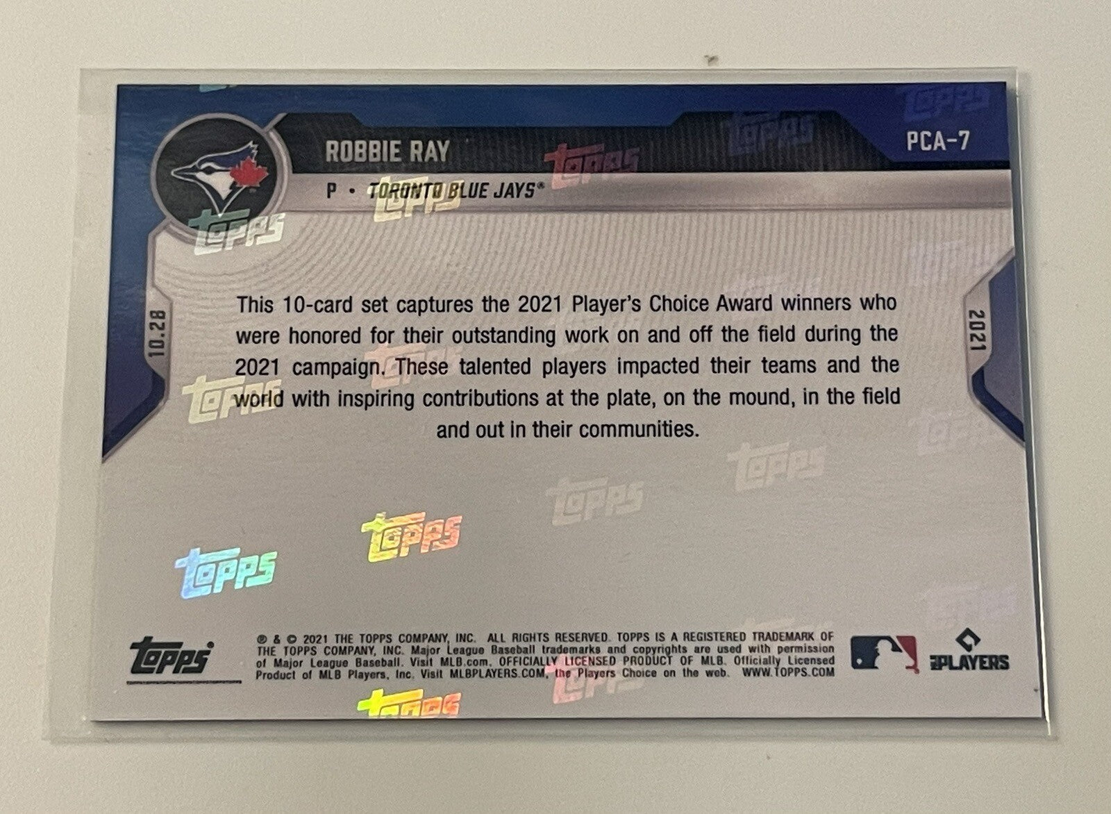 2021 Topps Now Players Choice Awards Robbie Ray MLB Toronto Blue Jays PCA7 PR863