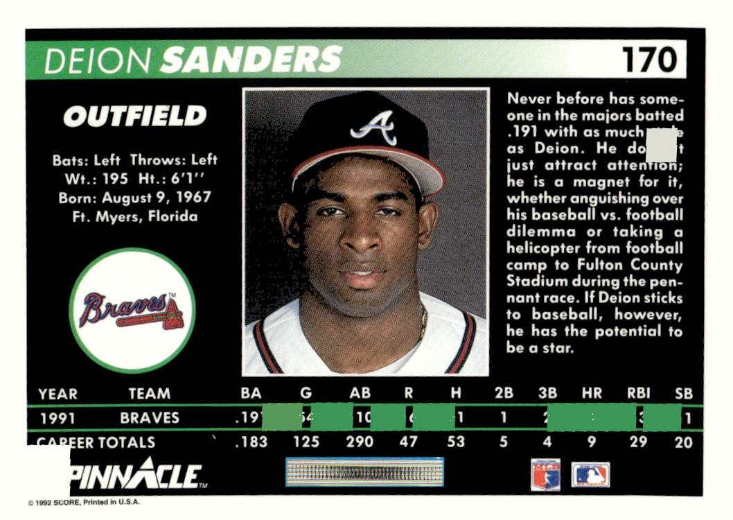 1992 Pinnacle 170 Deion Sanders 1992 Pinnacle 170 Deion Sanders
