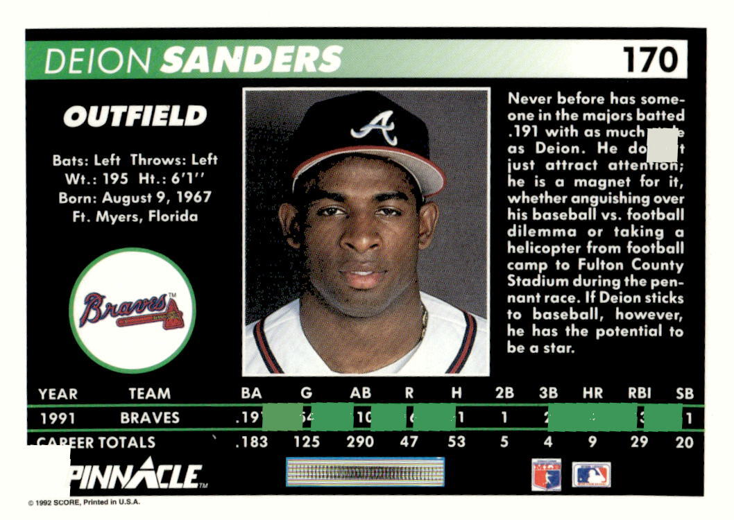 1992 Pinnacle #170 Deion Sanders