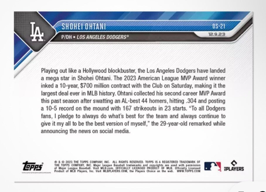 Shohei Ohtani - FIRST LA Dodgers Card! - MLB 2023 TOPPS NOW #OS21 - WS Champion!