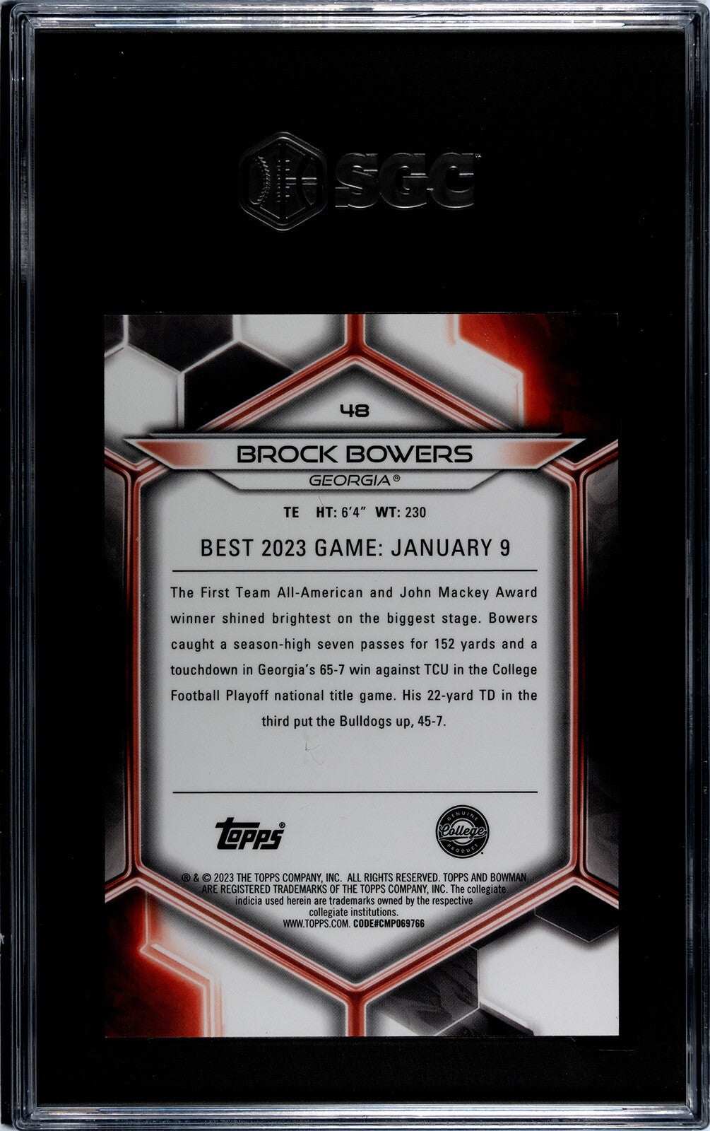 2023 Bowman’s Best Brock Bowers 67/150 Blue Refractor graded SGC 9.5 rookie card