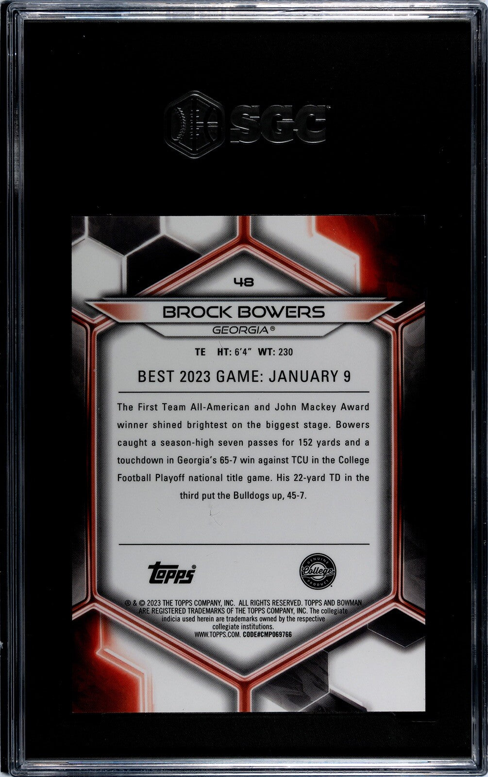 67/150 Brock Bowers RC 2023 BOWMAN’S BESt U RARE Refractor BLUE UGA Dogs SGC 9.5