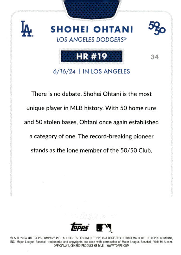50/50 LIMITED EDITION! Shohei Ohtani MLB LA Dodgers 2024 TOPPS NOW Season #HR 19