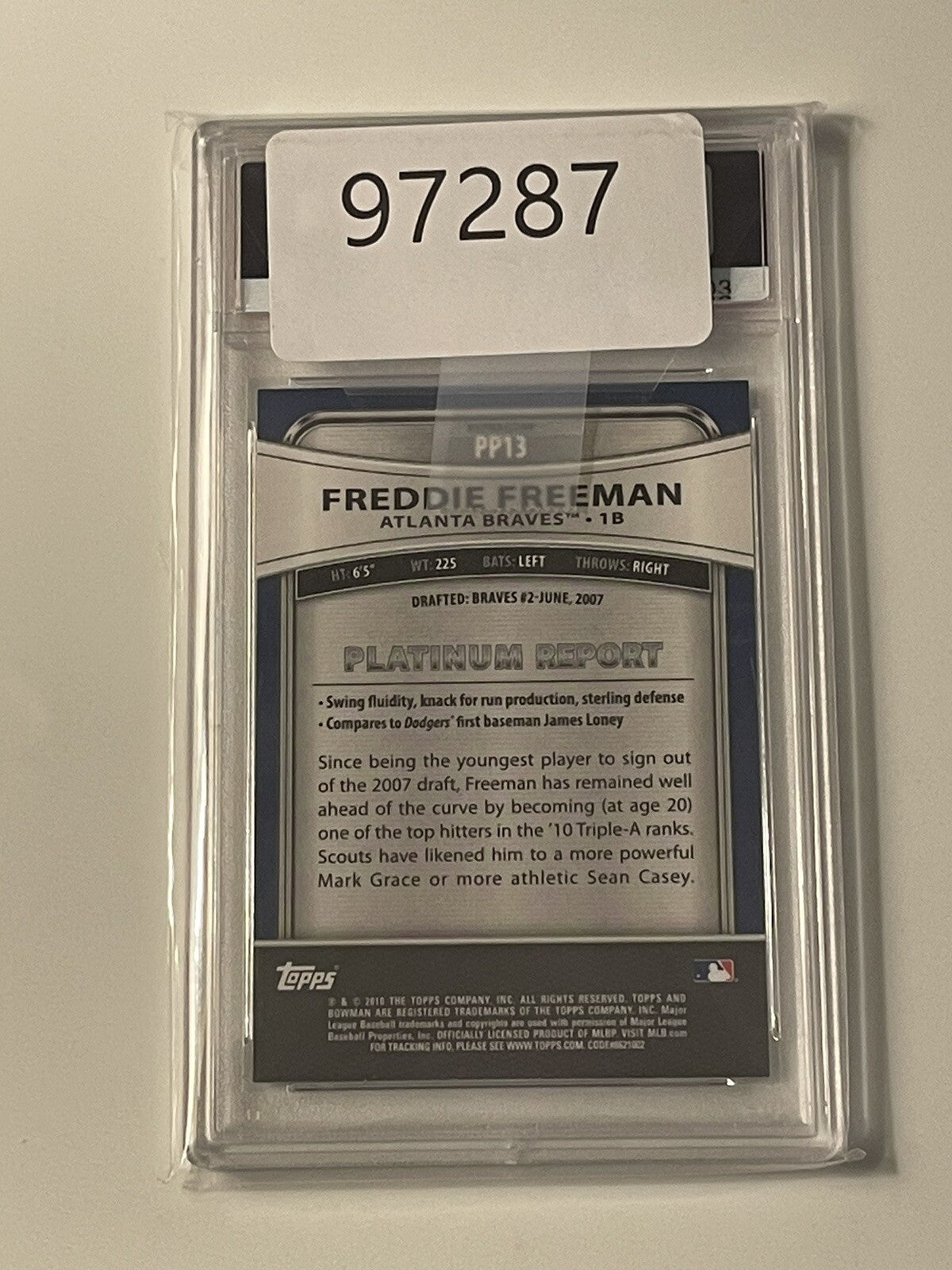 2010 Bowman Platinum Freddie Freeman* Prospects Purple Refractor #PP13 LA PSA 9*