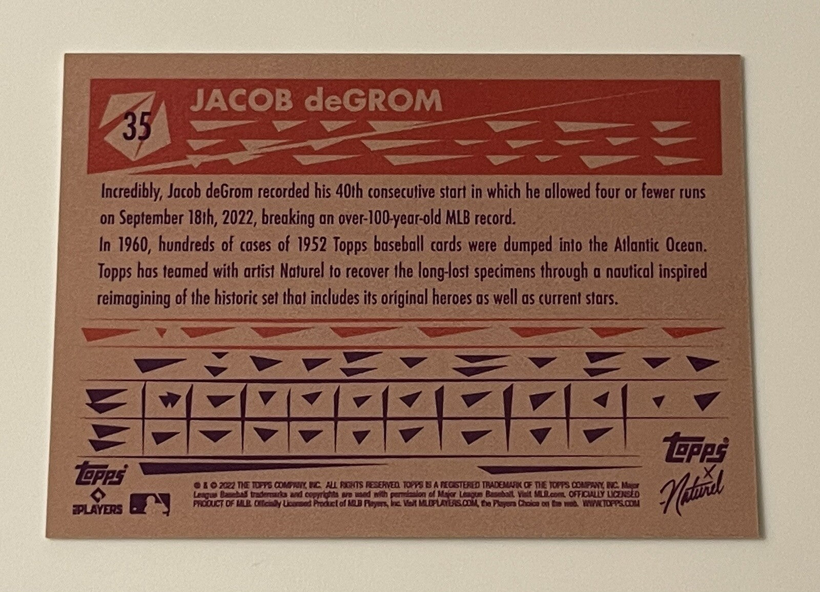 2022 Topps X Naturel JACOB DEGROM 1952 Topps #35 MLB NEW YORK METS/RANGERS