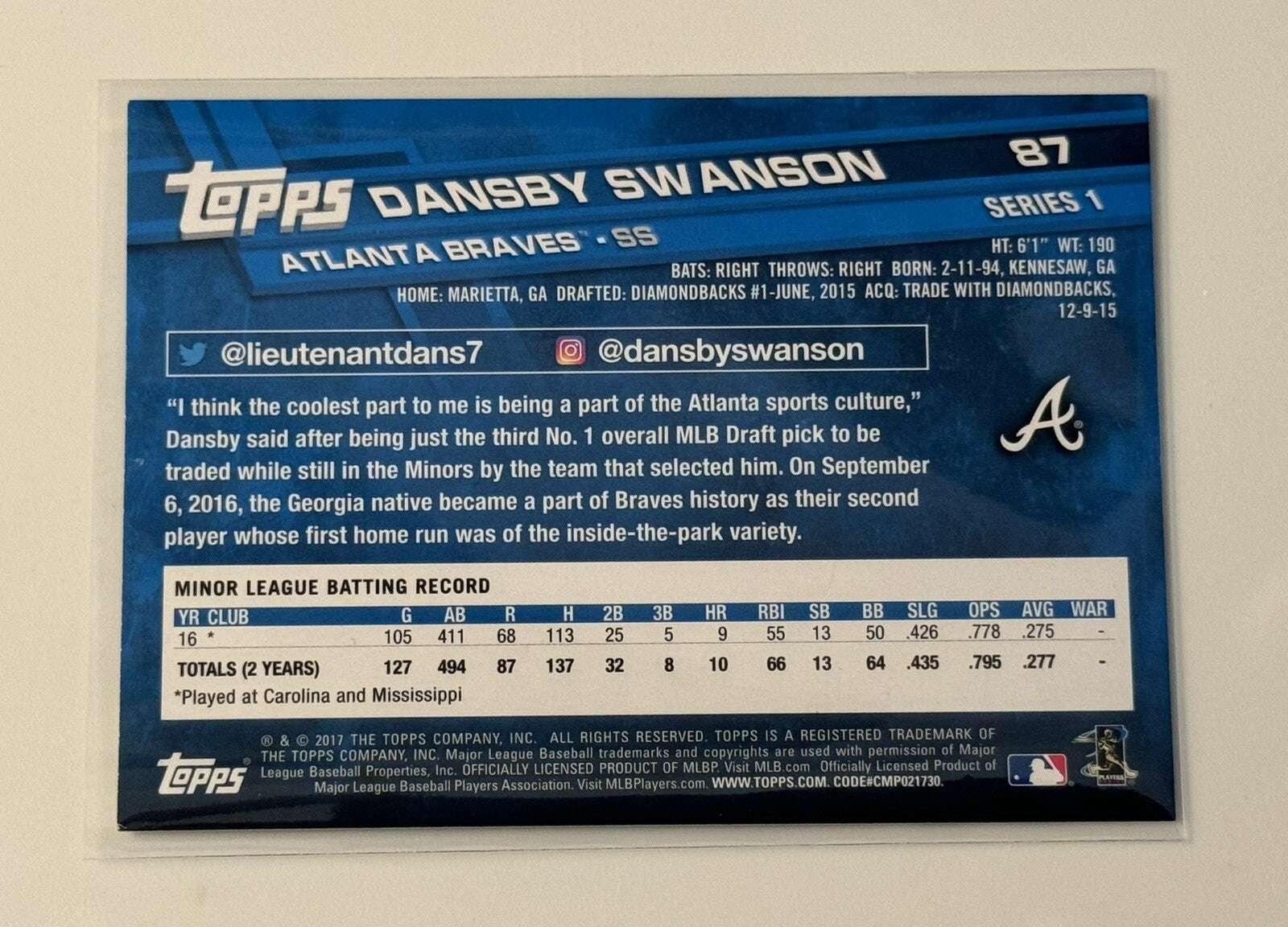 Dansby Swanson RC* 2017 Topps Series 1 MLB Atlanta Braves/Cubs - Rookie Card #87