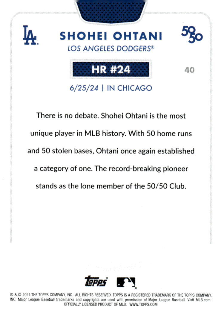 50/50 LIMITED EDITION! Shohei Ohtani MLB LA Dodgers 2024 TOPPS NOW Season #HR 24