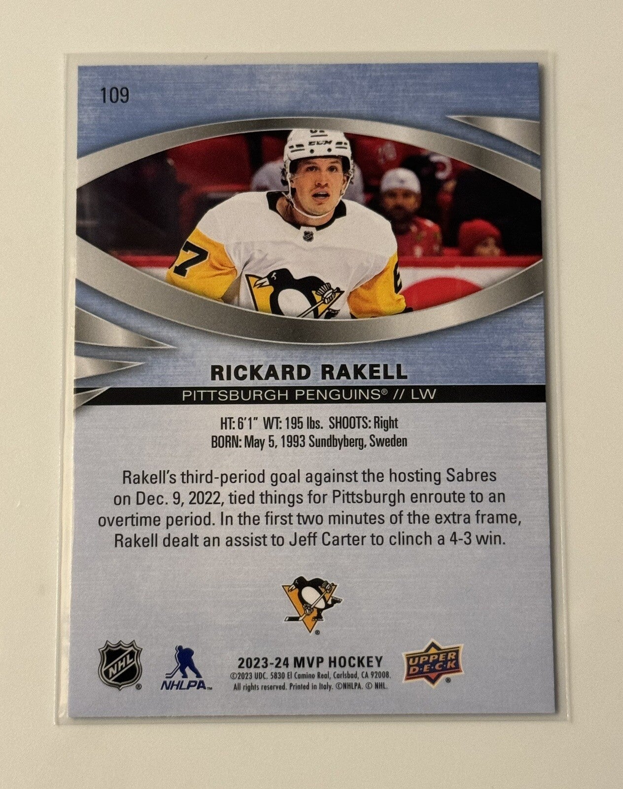 Rickard Rakell 2023-24 Upper Deck MVP HOCKEY NHL Pittsburgh Penguins - Card #109
