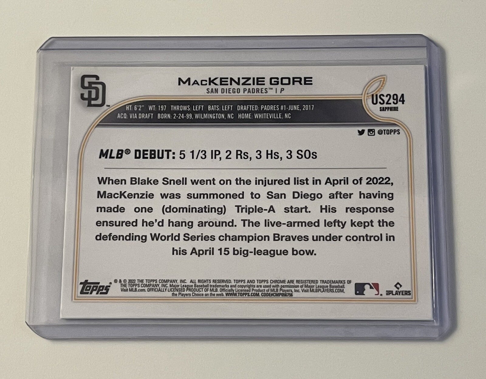 2022 TOPPS UPDATE - BLUE SAPPHIRE - RC #US294 MACKENZIE GORE MLB DEBUT SD PADRES