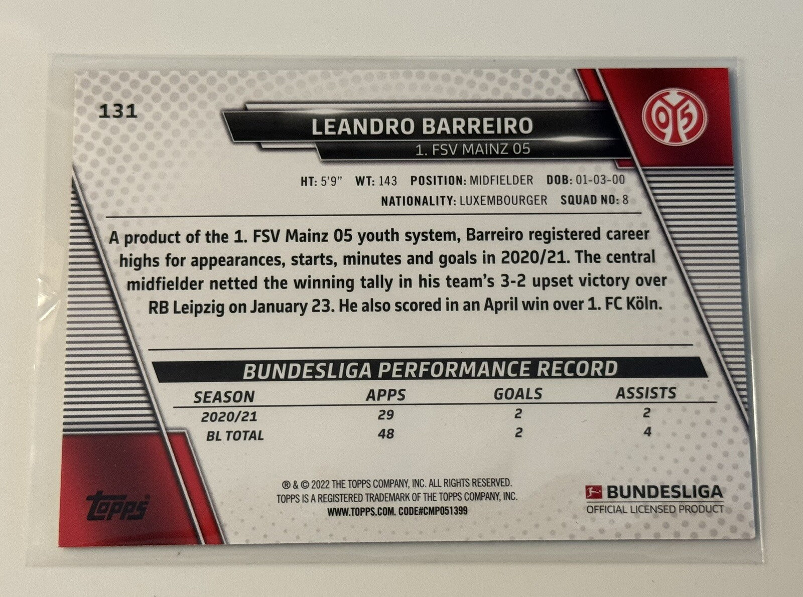 2021-22 Topps Bundesliga Leandro Barreiro Refractor Futbol Card 131 Mainz Soccer