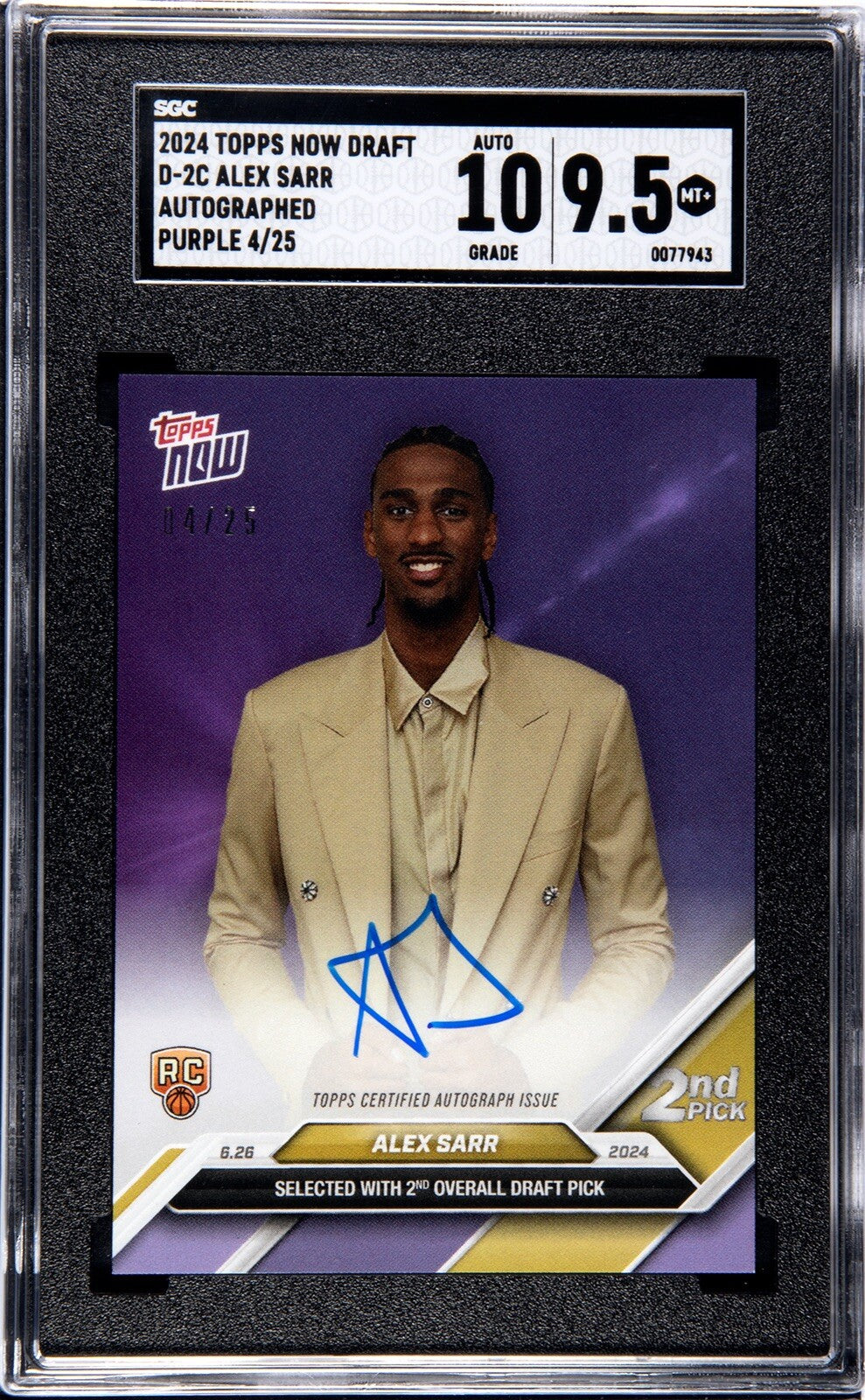 4/25 Alexandre Sarr RC On Card Auto 2024 Topps Now Draft D2C NBA Wizards SGC 9.5