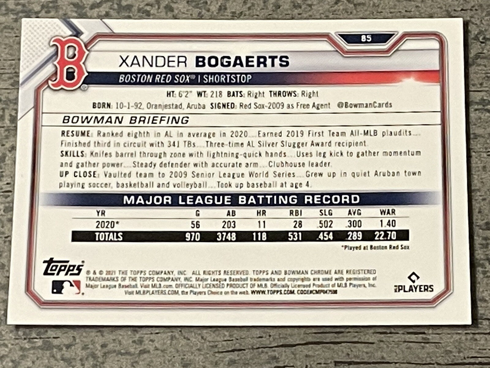 Xander Bogaerts Refractor Bowman Chrome 2021 Baseball Card #85 MINT! $200 ML MAN