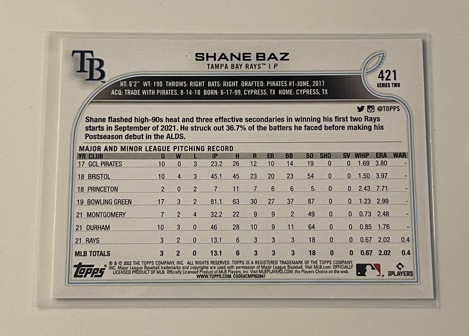 Shane Baz 2022 Topps Series 2 Tampa Bay Rays MLB rookie baseball card #421 back view