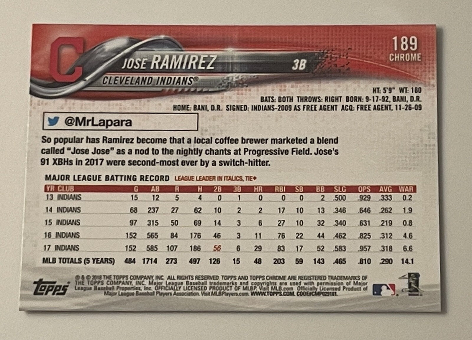 2018 TOPPS CHROME Jose Ramirez #189 Cleveland Indians/Guardians MLB JUST PULLED!