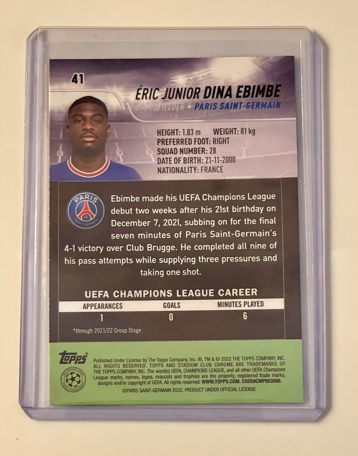 Éric Junior Dina Ebimbe Topps Stadium Club Chrome UEFA Champions League Card #41