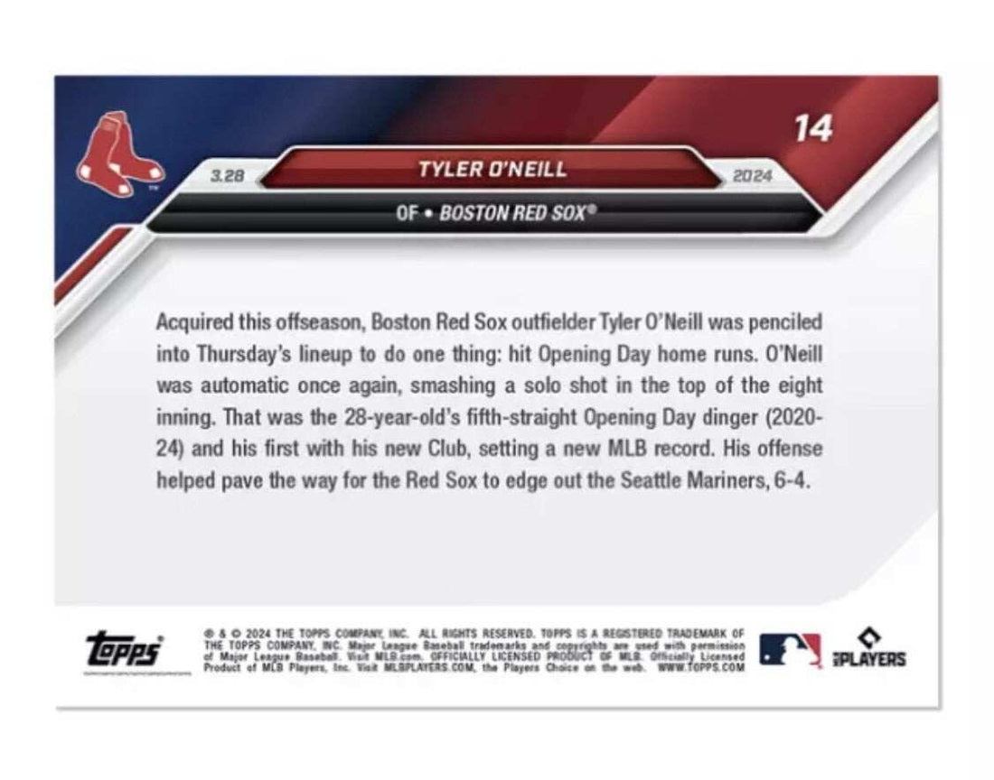 Tyler O’Neill RC Topps Now 2024 Boston Red Sox Opening Day home run baseball card