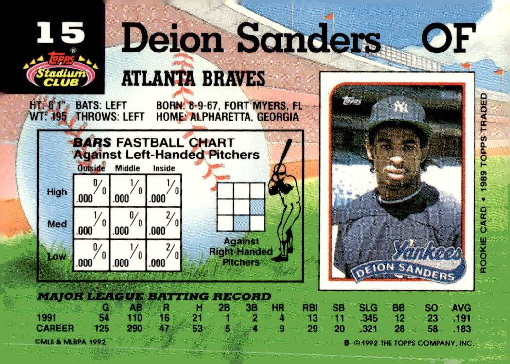 1992 Stadium Club baseball card of Deion Sanders in Atlanta Braves uniform catching ball outdoors