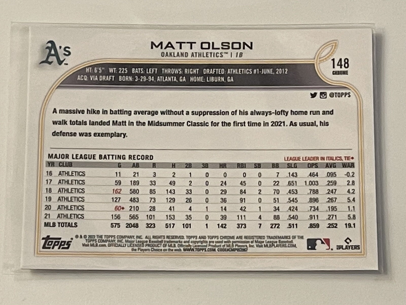 2022 Topps Chrome - Matt Olson* Card #148 - MLB Oakland Athletics/MLB Braves ATL