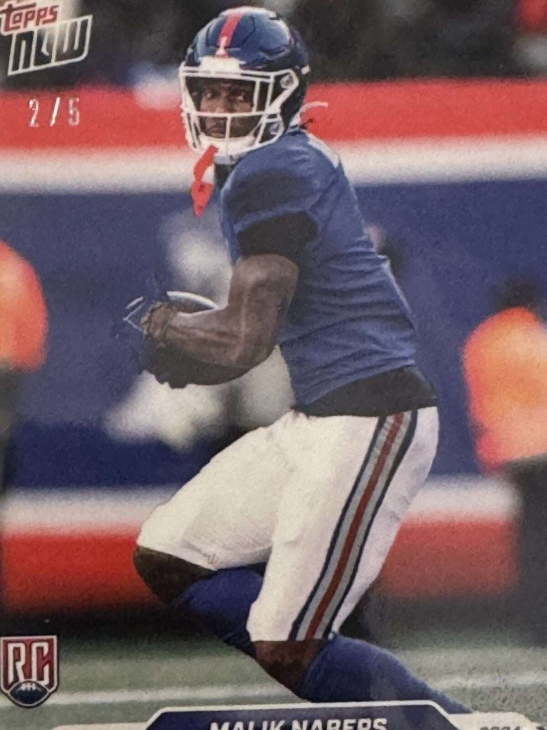 Limited edition Malik Nabers RC 2024 Topps NOW Football card in New York Giants colors, numbered 2/5