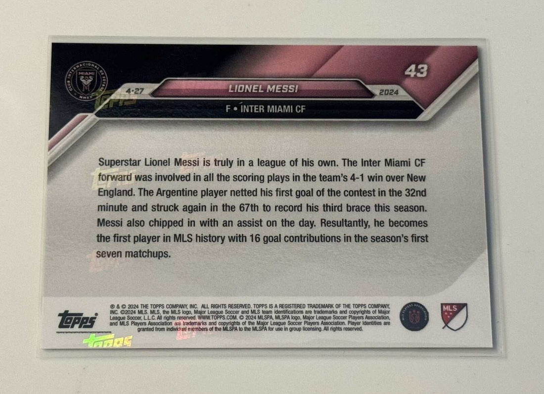 2024 MLS Topps Now Lionel Messi soccer trading card with Miami CF pink jersey and historic 16 goals in 7 matches