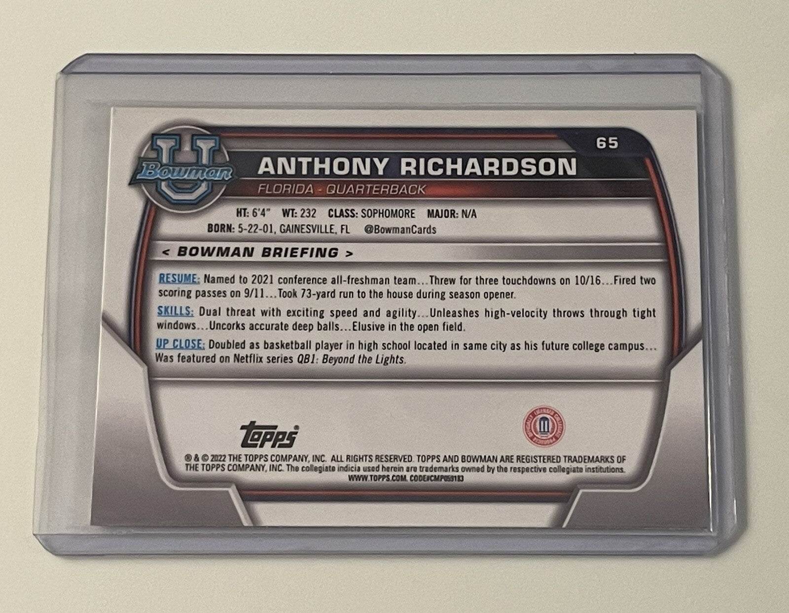 ANTHONY RICHARDSON 2022 BOWMAN U CHROME ROOKIE FOOTBALL CARD-#65-GATORS 🔥🏈🔥