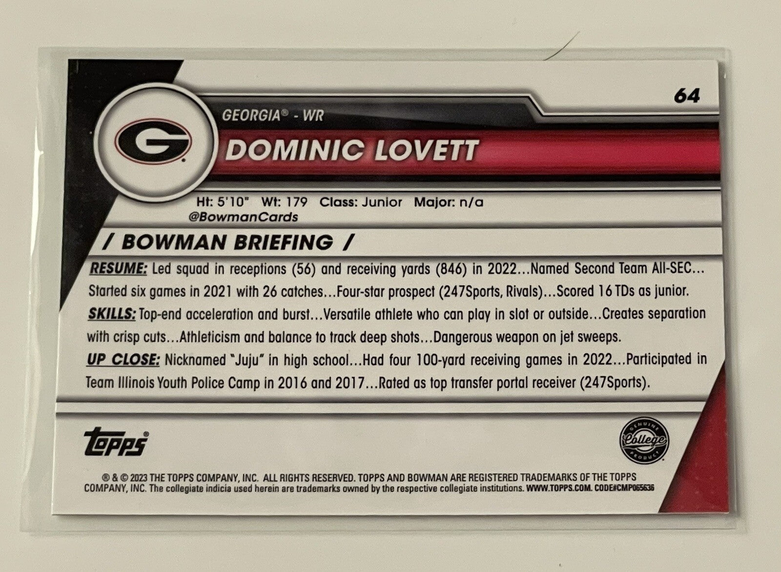 2023 Bowman University Chrome Dominic Lovett #64 1st Bowman UGA Georgia Bulldogs