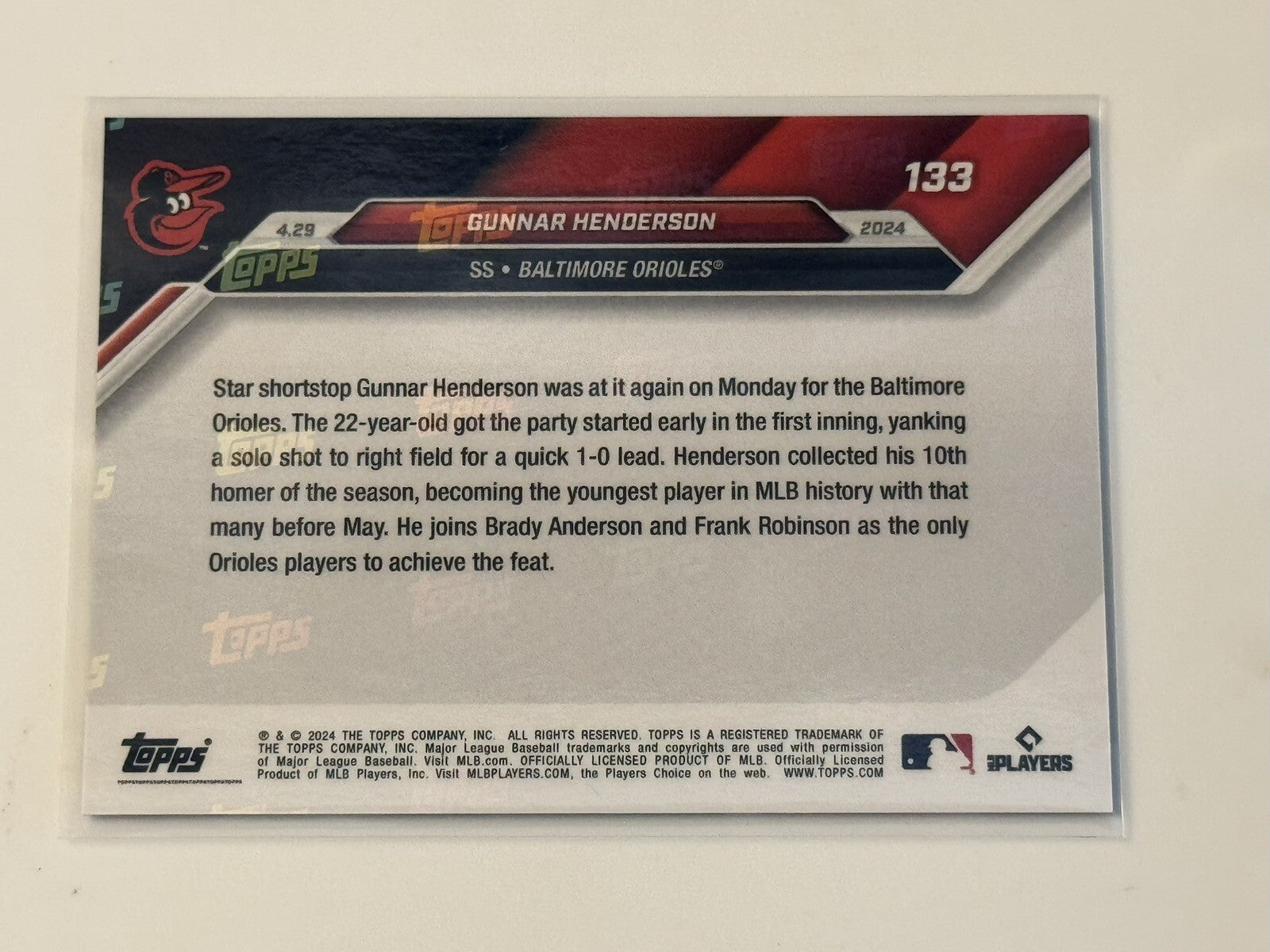 2024 Topps Now MLB 16/25 Gunnar Henderson - Youngest to 10 HR - MLB Orioles #133