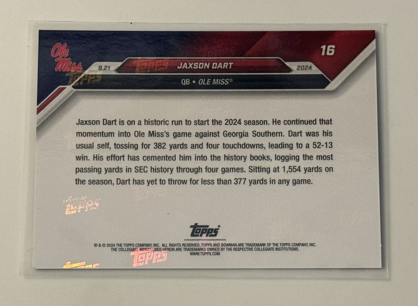 Jaxson Dart RC - 2024 Bowman U Now SEC Passing Record Football Card 16 - IN HAND