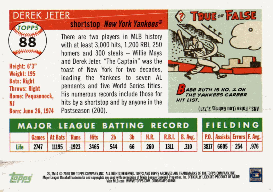 2020 Topps Archives - Derek Jeter - MLB New York Yankees Baseball Card #88 - HOF