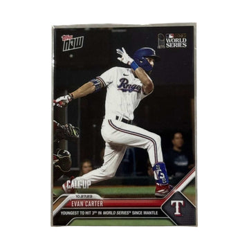 2023 WORLD SERIES Evan Carter Topps NOW Texas Rangers baseball card celebrating youngest player to hit third in World Series since Mantle
