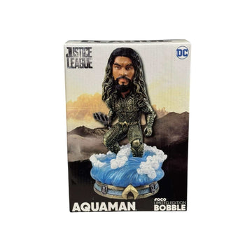 Justice League Aquaman FOCO Limited Edition bobblehead collectible figure in detailed armor on ocean base packaging