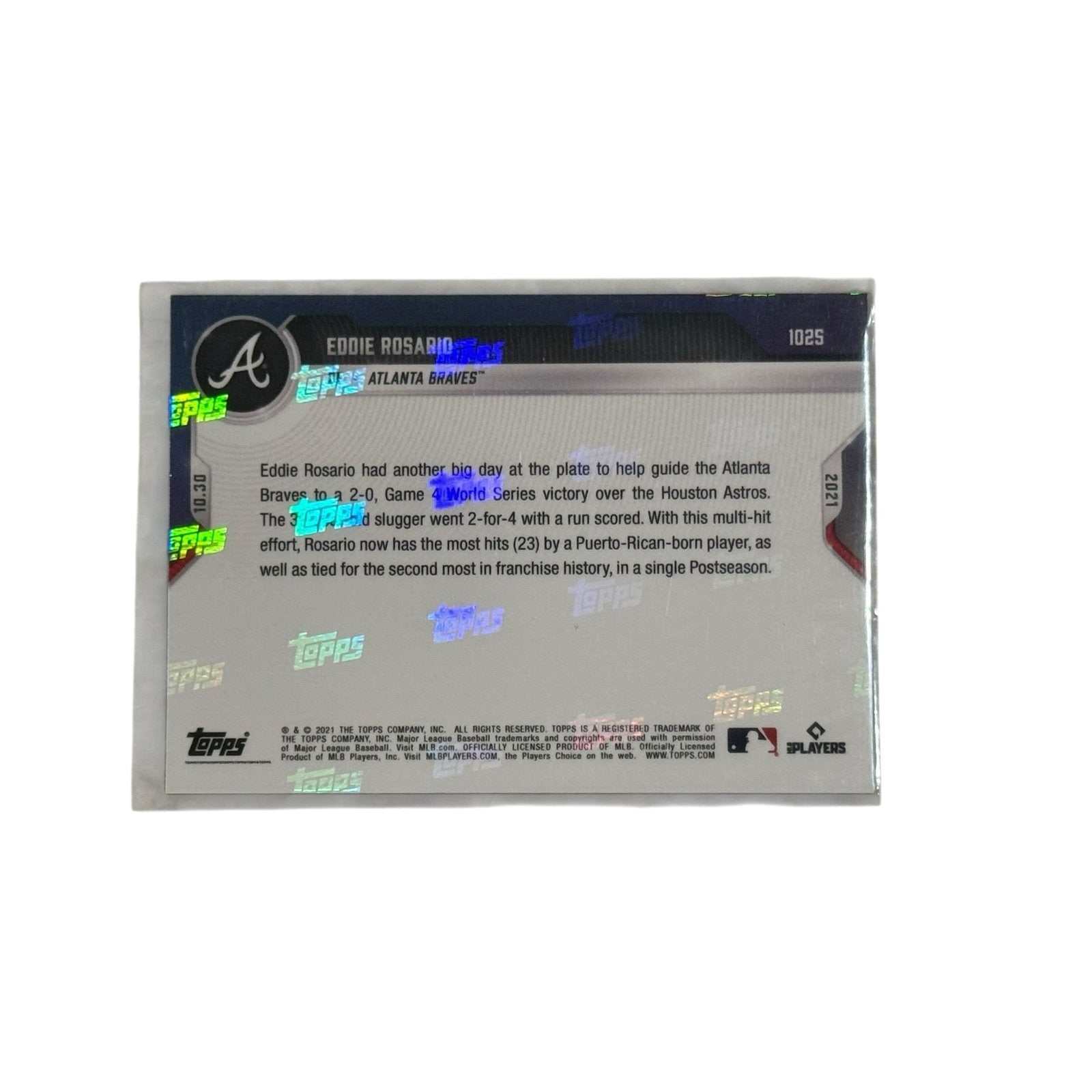 WORLD SERIES Eddie Rosario Topps NOW MLB Atlanta Braves record hits card back view