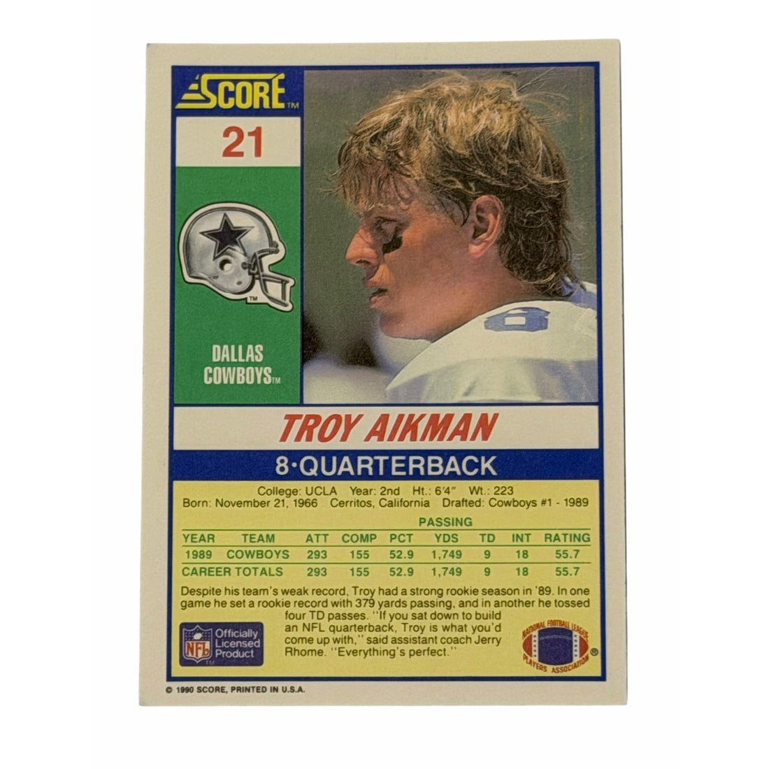 Vintage Troy Aikman NFL Dallas Cowboys Vintage Troy Aikman NFL Dallas Cowboys 1990 Score 21 Football Card