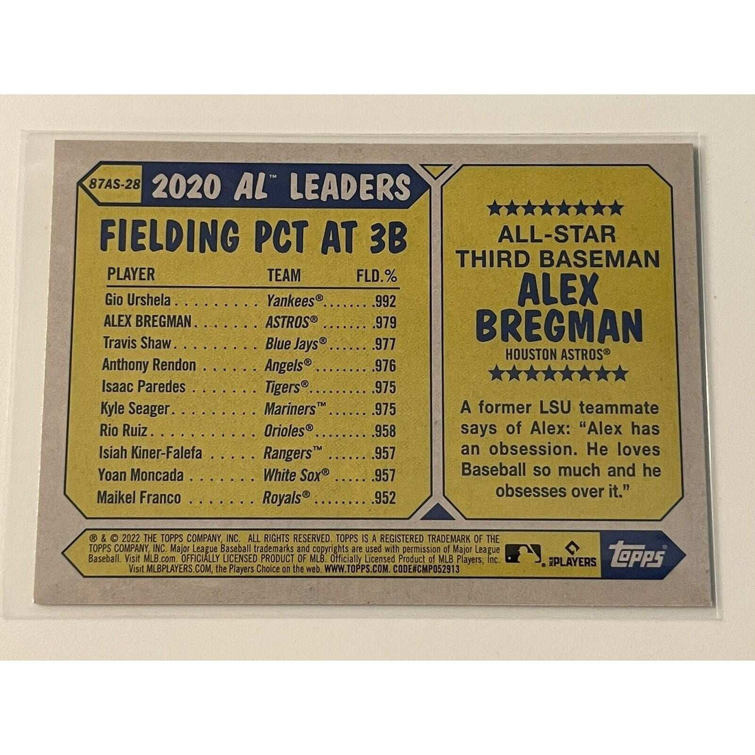 2022 Topps Series 2 Alex Bregman Astros 1987 All-Star Baseball trading card