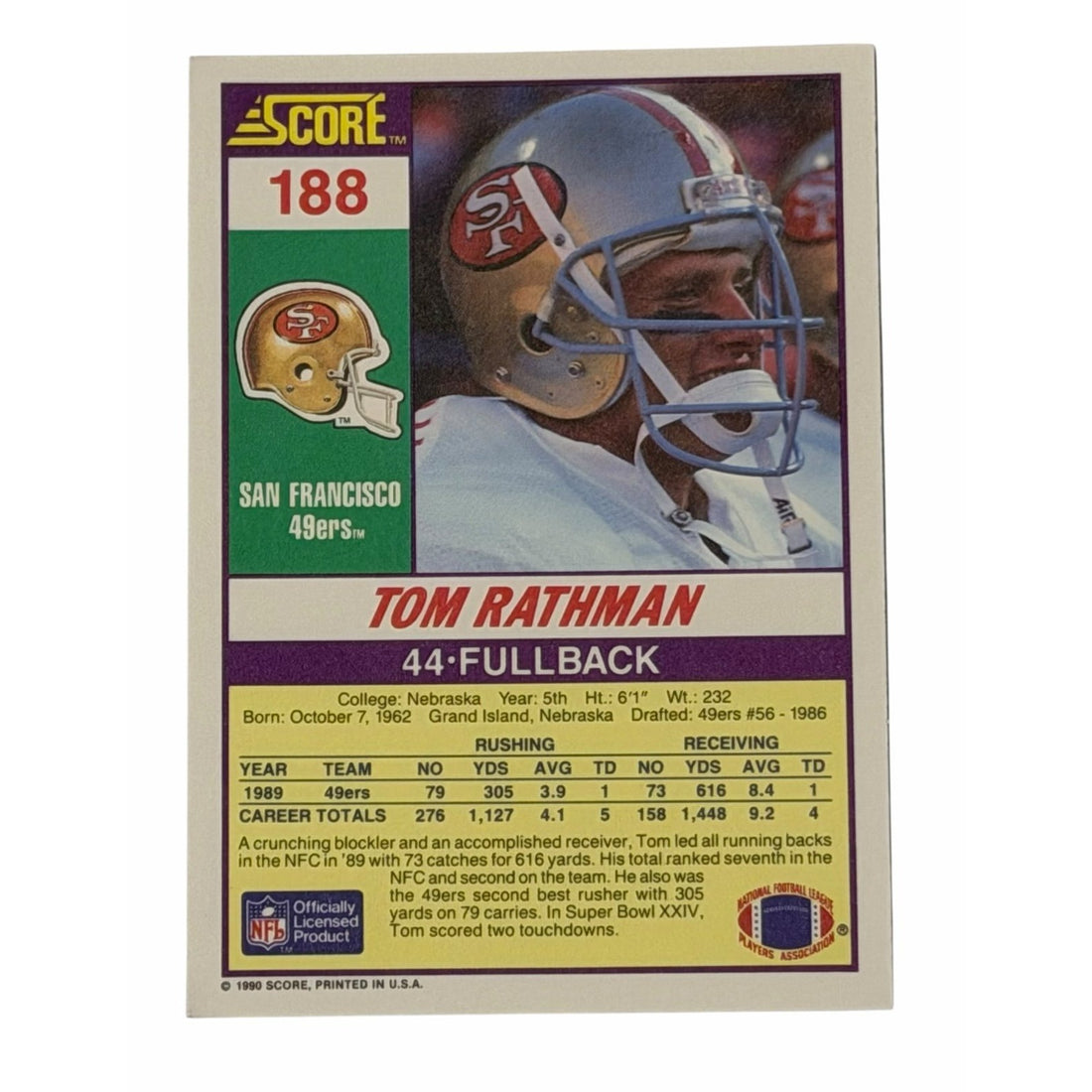 Vintage Tom Rathman NFL San Francisco Vintage Tom Rathman NFL San Francisco 49ers 1990 Score 188 Football Card
