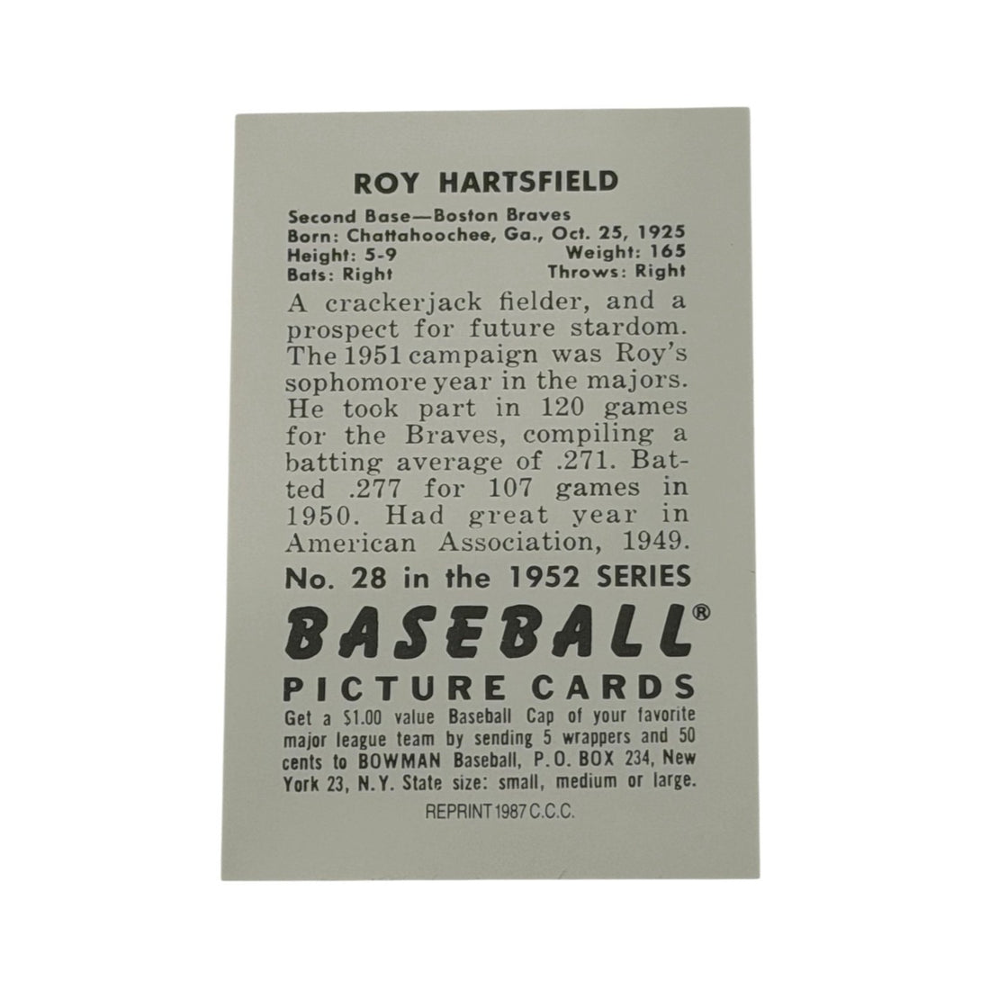 REPRINT NM Vintage 1987 Roy Hartsfield #28 1952 Bowman Style MLB Boston Braves