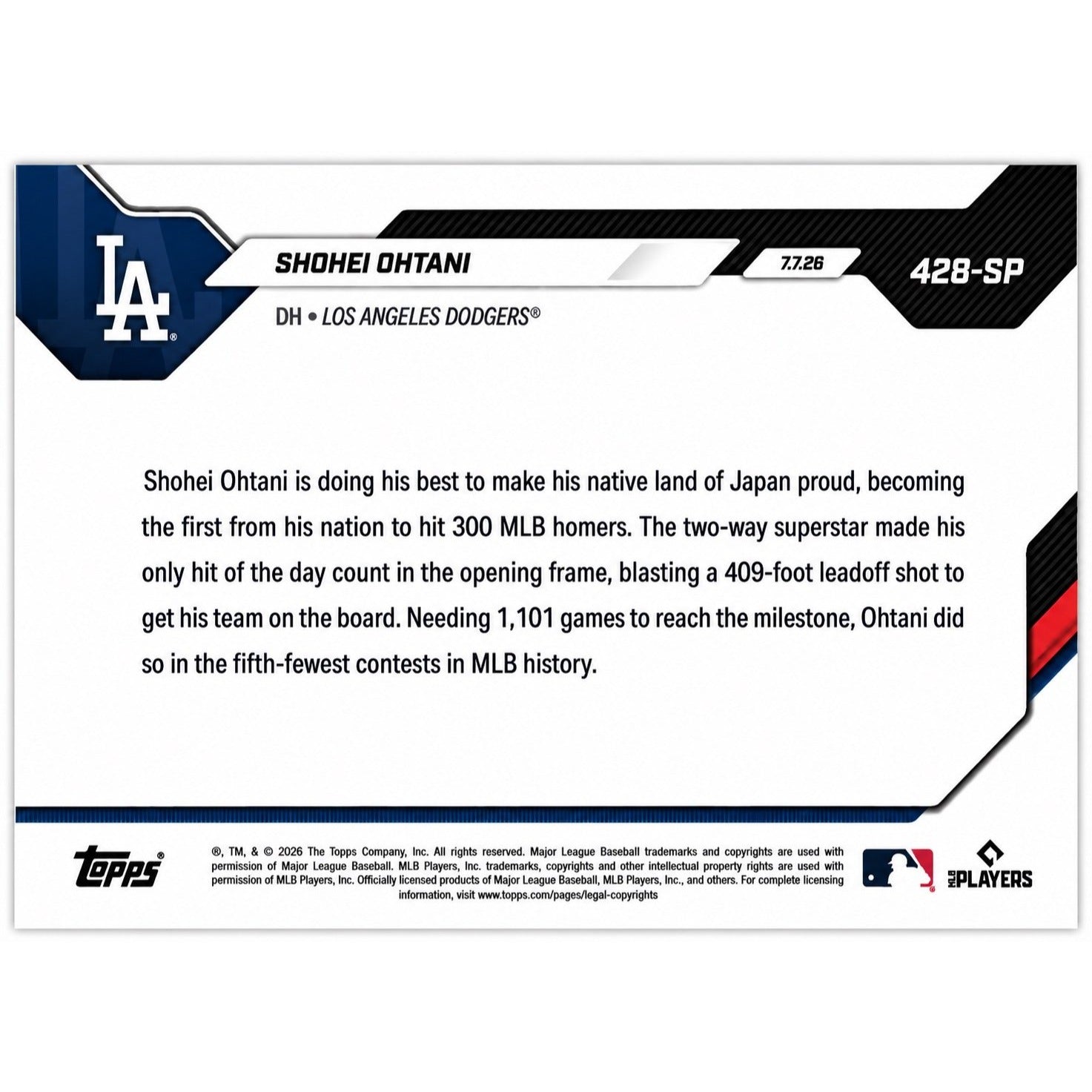 Shohei Ohtani Topps NOW 2026 Topps NOW Shohei Ohtani 428-SP Rare Short Print Variation 300th HR Dodgers