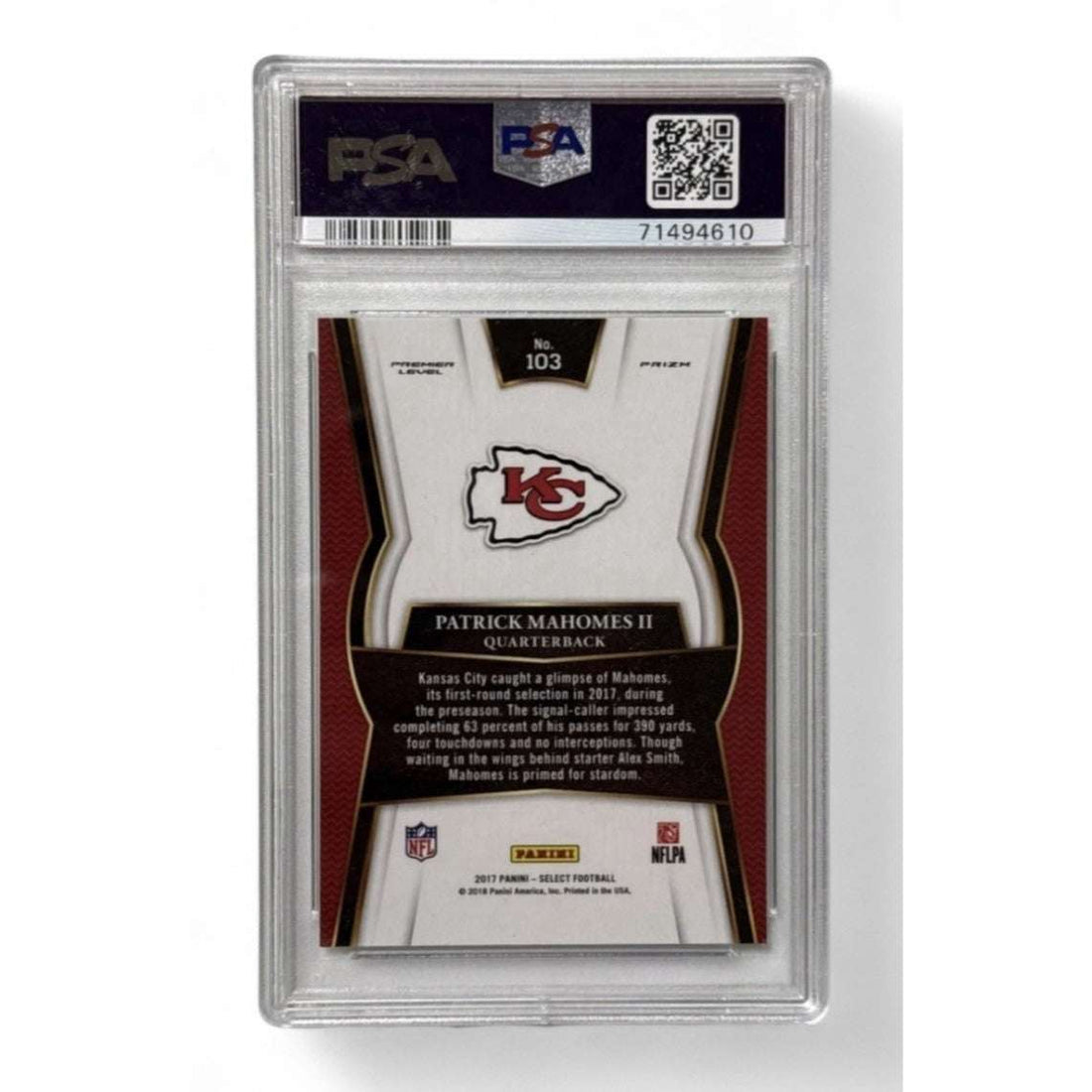2017 Panini Select Silver Prizm Patrick Mahomes II rookie card PSA 9 grading NFL Kansas City Chiefs collectible