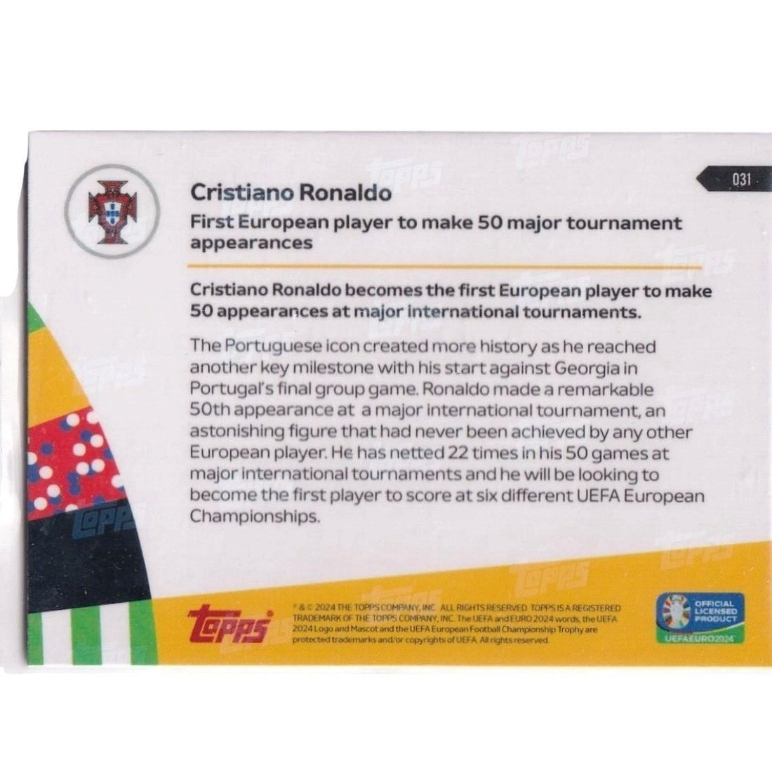 4002 PR 2024 Topps NOW UEFA EURO 2024 Cristiano Ronaldo #031 NM Portugal 50 Tour