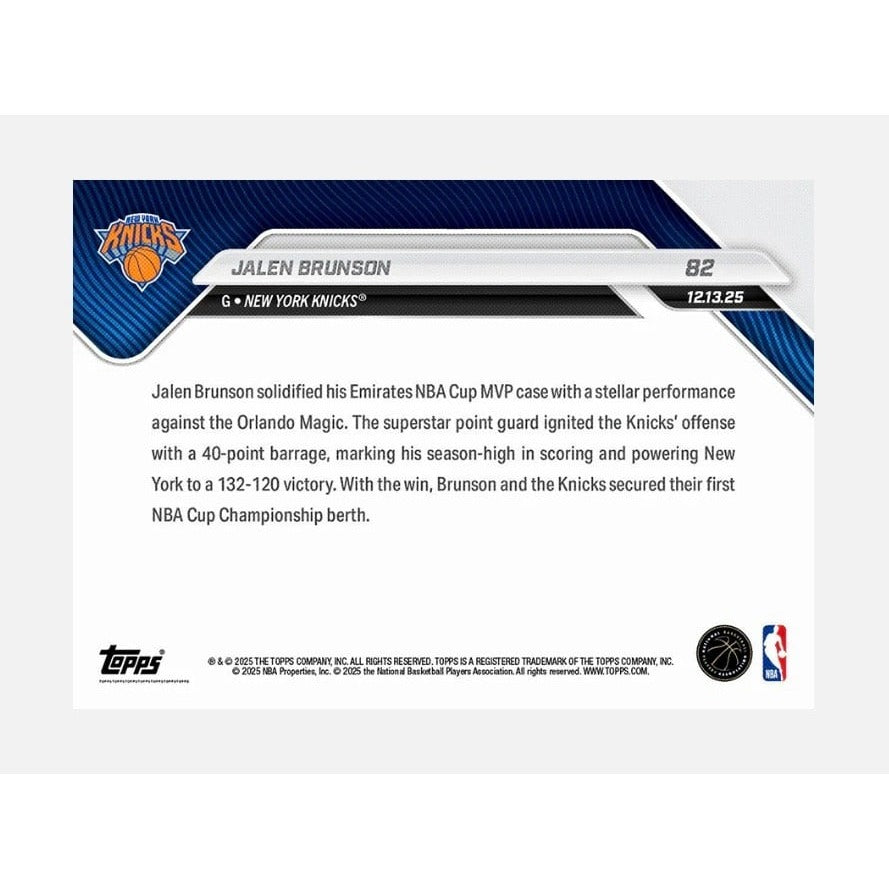 1314 Printed Jalen Brunson 2025-26 NBA Topps NOW Card #82 New York Knicks