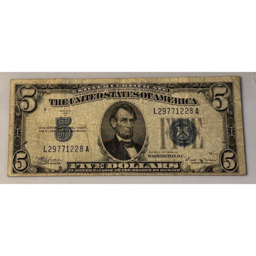 **1934**! B $5 Silver Certificate Blue Seal Priest Vinson Circulated *US Note**!