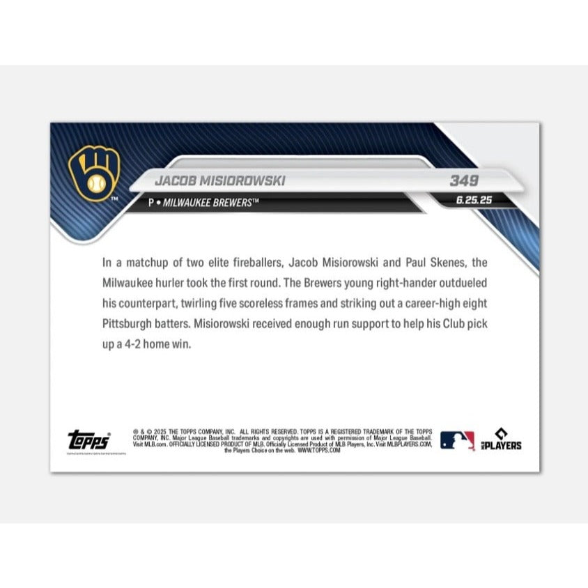 8560 Printed Jacob Misiorowski RC 2025 MLB Topps NOW Card #349 Brewers Rookie