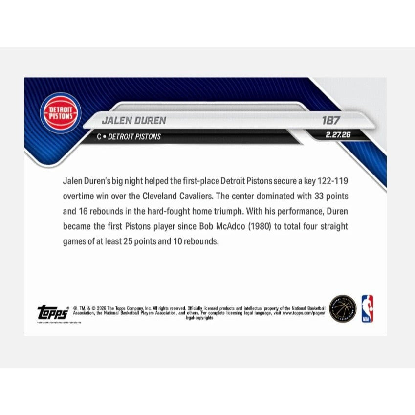 ONLY 570 Printed Jalen Duren 2025-26 Topps NOW Card 187 NBA Detroit Pistons