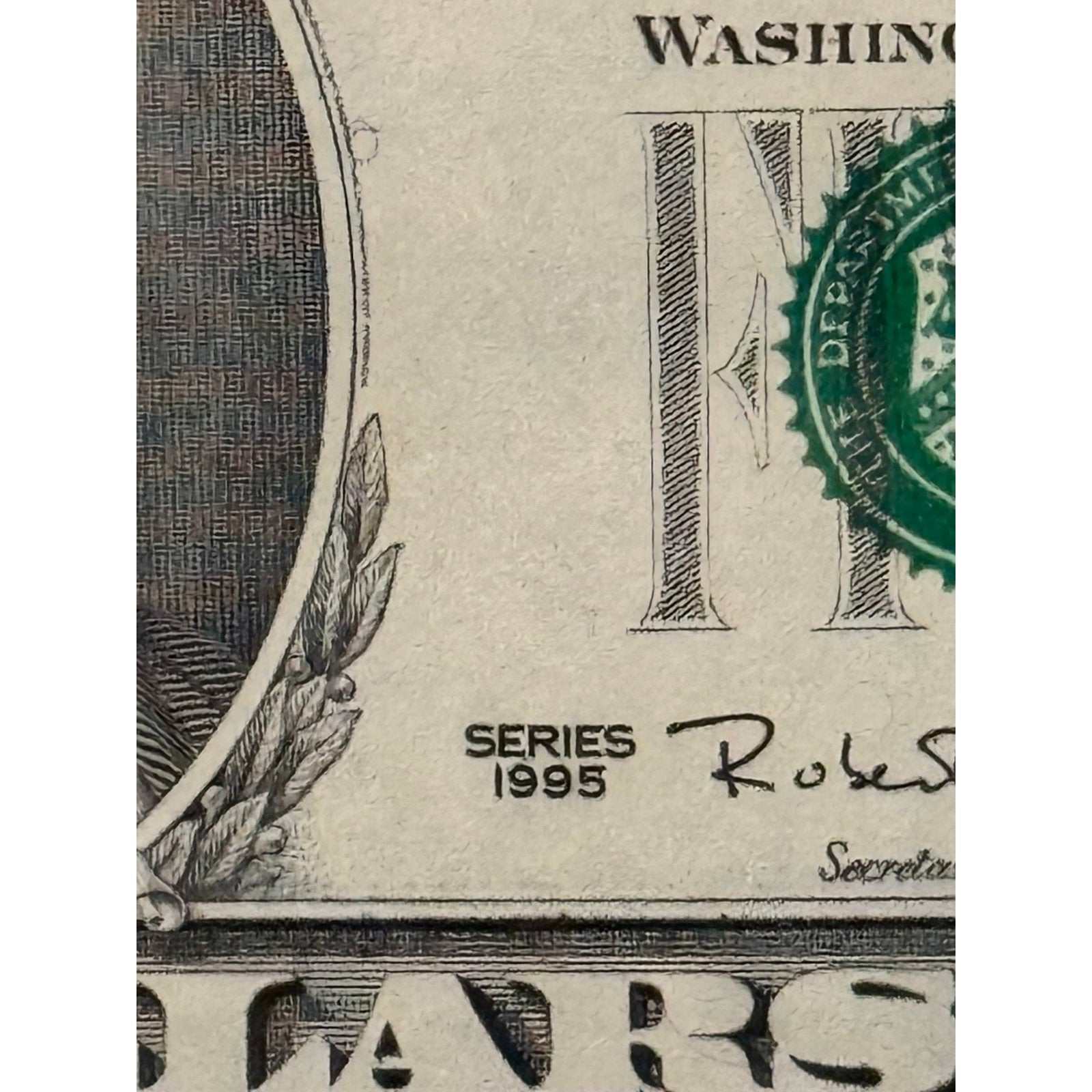 Series 1995 uncut sheet of sixteen $5 bills with consecutive serials in framed BEP display