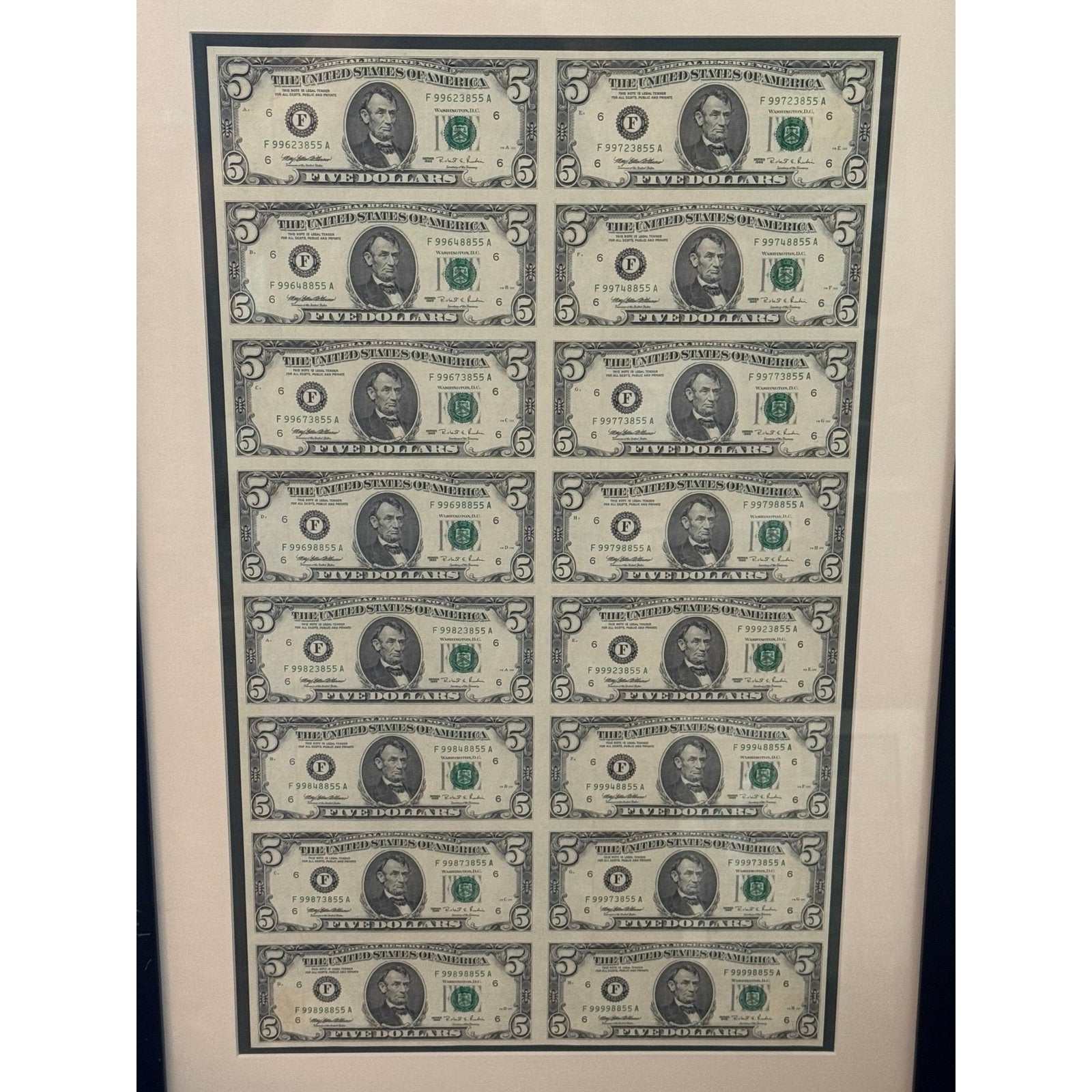Series 1995 Uncut Sheet of 16 consecutive $5 bills in framed BEP display